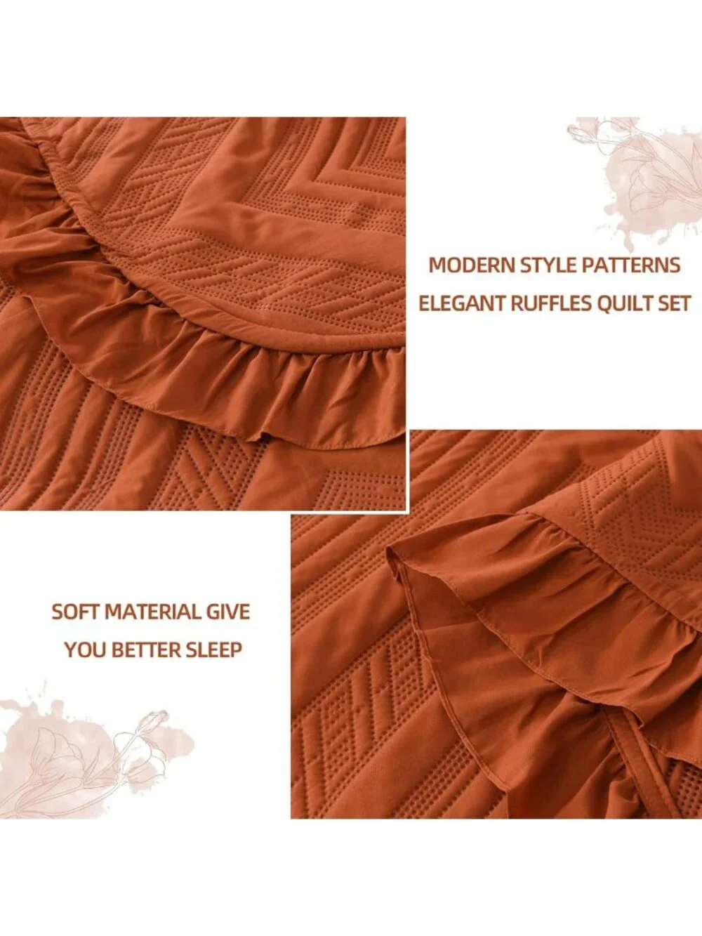 Cozy Burnt Orange Ruffled King Quilt Bedding Set | Fall Decor Bedspread
